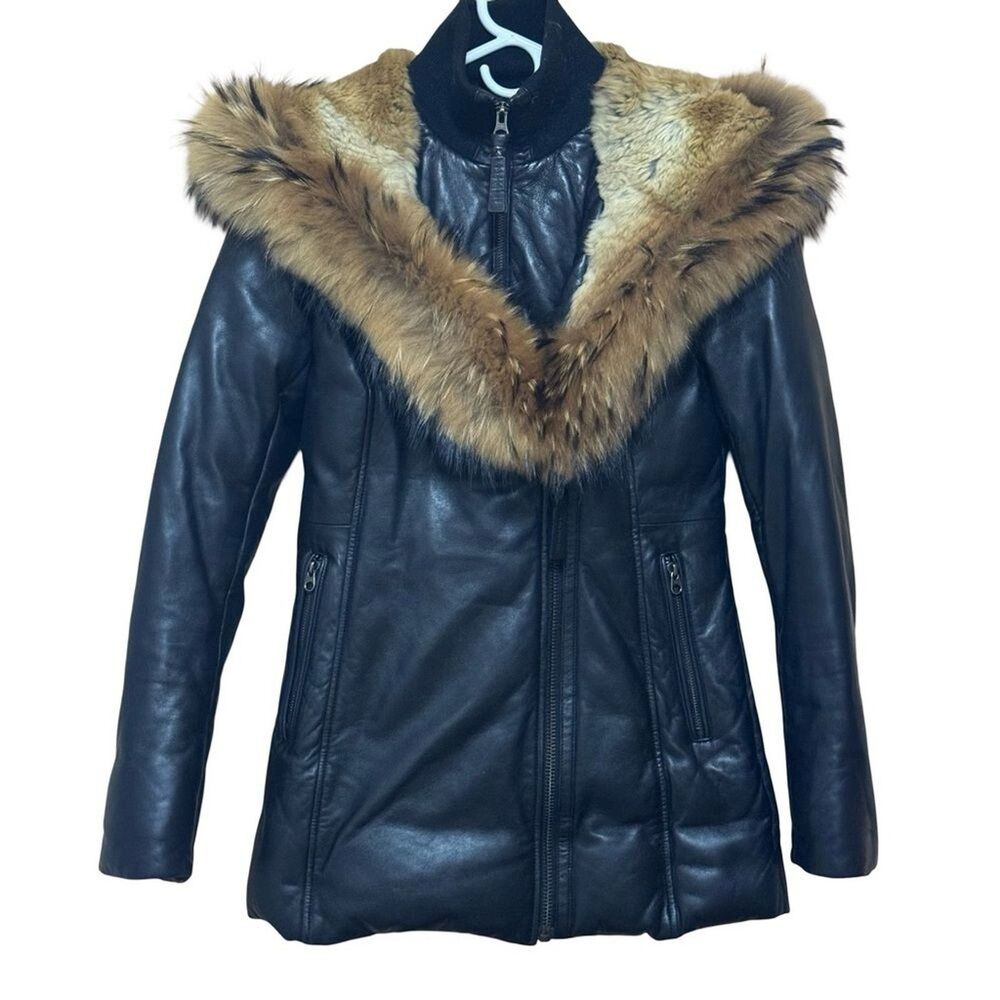 Mackage Montreal Leather Down Puffer Coat Women's XS Black Fur Hood Rip AS IS